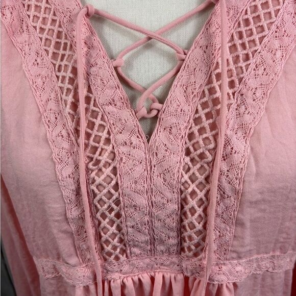 a.n.a. A New Approach Pink Romantic Blouse Crochet Lace Long Sleeve V-Neck Tie - Picture 2 of 6